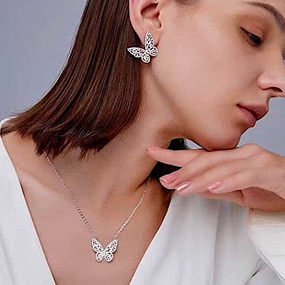 Platinum Butterfly Matching Zircon Necklace Earrings Ring Silver Set - Picture 3 of 10
